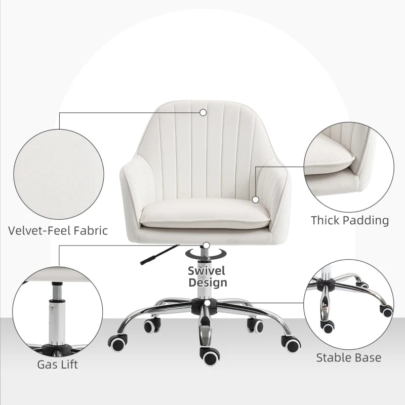 Cream White Velvet-Feel Office Chair with Adjustable Height & Smooth Wheels - Ergonomic Comfort for Home & Office