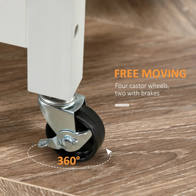 White Kitchen Trolley on Wheels - Utility Kitchen Island Cart with 3 Storage Shelves & Embossed Door Panel