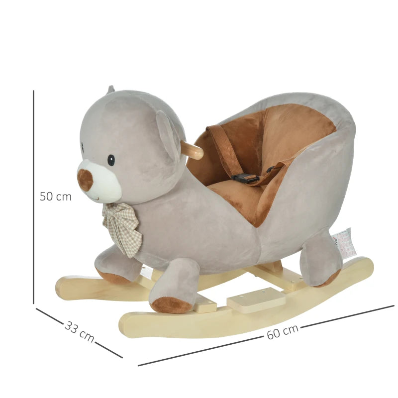 Kids Plush Rocking Horse Ride-On Bear Toy with Sound & Safety Belt - Wooden Base for Toddlers 18-36 Months - Grey