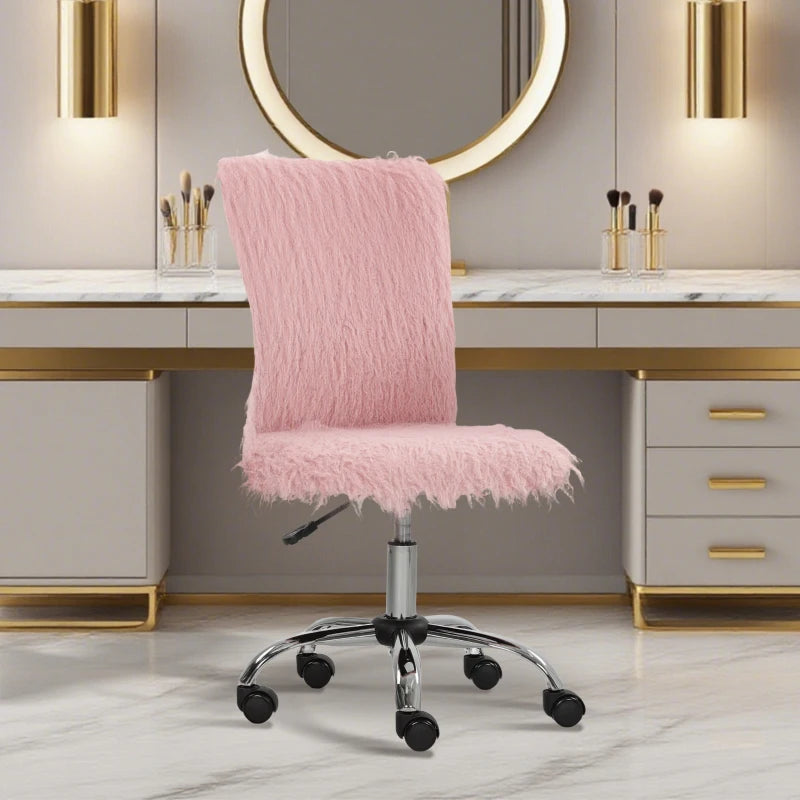 Modern Pink Plush Office Desk Chair - Armless Swivel Vanity Chair with Adjustable Height for Home, Bedroom & Living Room
