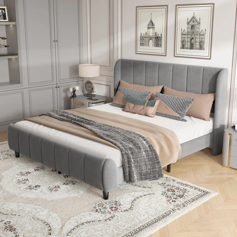 Double Upholstered Bed with Soft Backrest - Vertical Stripe Design, Metal Frame, Gray - 202L x 149W x 103H cm