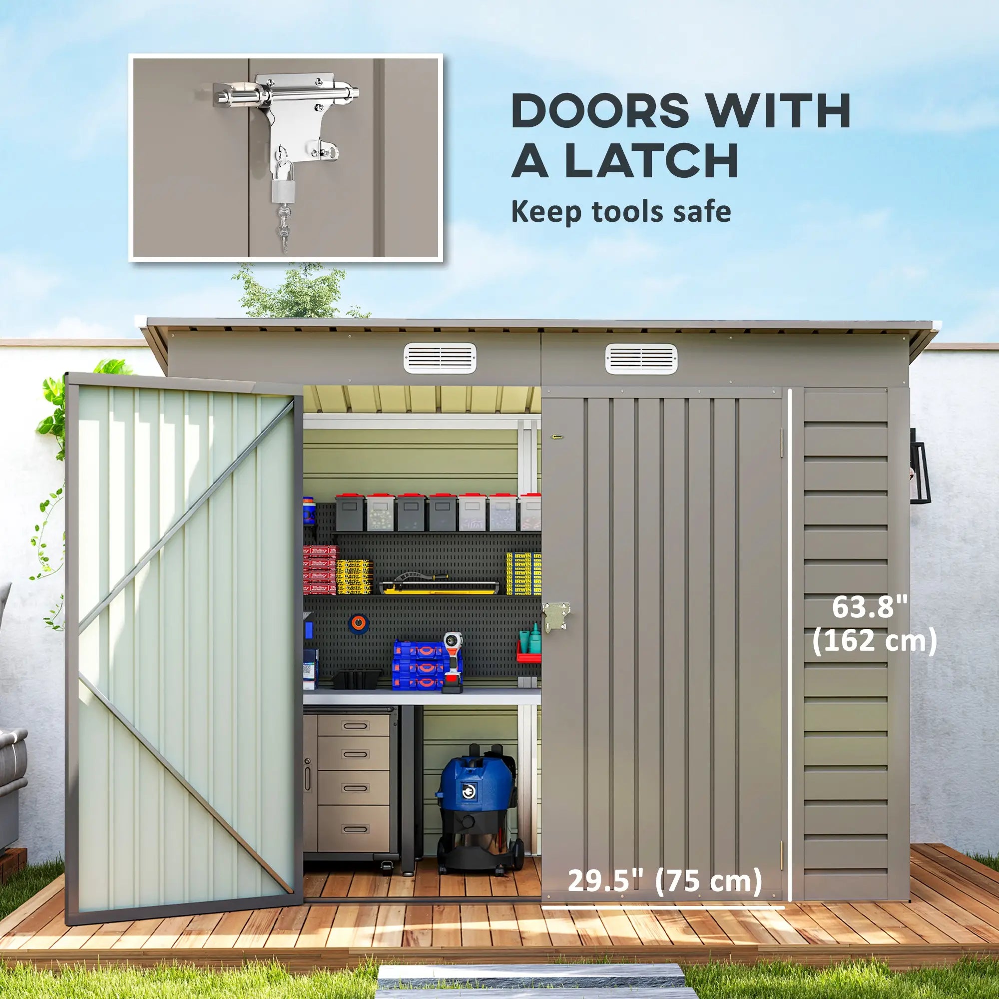 3.7ft x 7.9ft Light Grey Metal Shed With Latched Door, Gloves and Padlock