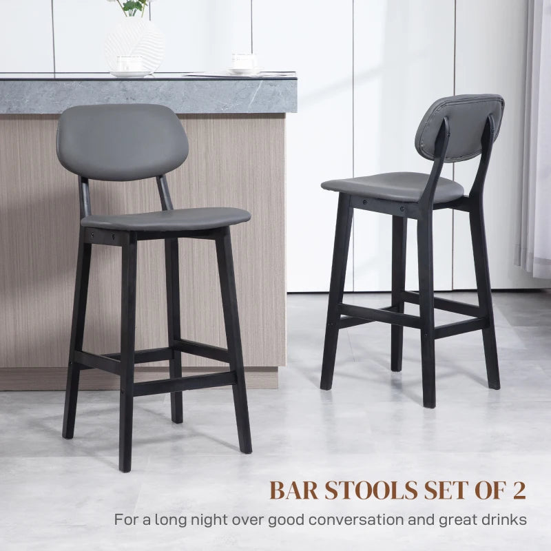 Set of 2 Dark Grey Bar Stools - PU Leather Kitchen Chairs with Backs & Footrests, Solid Wood Legs