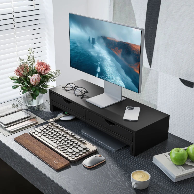 Dual Monitor Stand Riser with 2 Drawers - Adjustable Length & Angle, 116cm for Laptop, PC, Printer - Black