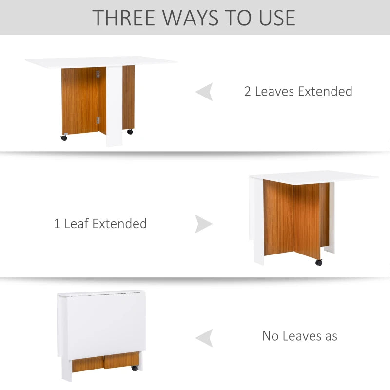 Folding Dining Table & Writing Desk Workstation on Casters - Teak & White Finish for Versatile Home Use