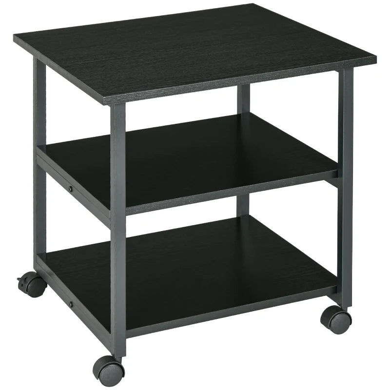 Three-Tier Black Steel Printer Stand on Wheels - Mobile Storage Solution for Home Office & Workspace