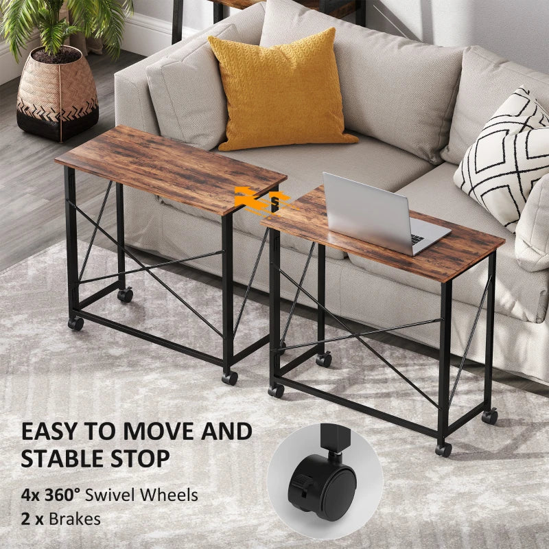 Rustic Brown 80 cm Folding Desk on Wheels - Space-Saving, Portable Workstation for Home Office & Study