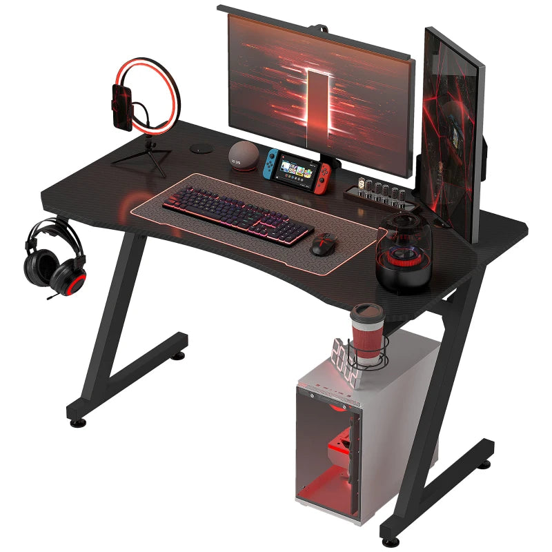Gaming Desk 120x65 cm - Steel Frame, Cup Holder, Headphone Hook, Adjustable Feet, Cable Organizer - Black Home Office Table