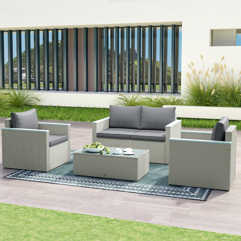 4 Piece Rattan Garden Furniture Set - Wicker Outdoor Sofa, Armchairs & Coffee Table - Light Grey