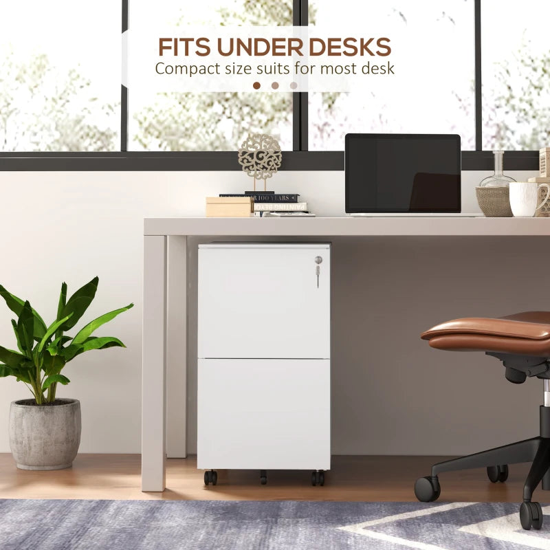 Vinsetto 2-Drawer Vertical Filing Cabinet with Lock & Wheels - Mobile Steel File Cabinet for A4, Legal, Letter Size - White