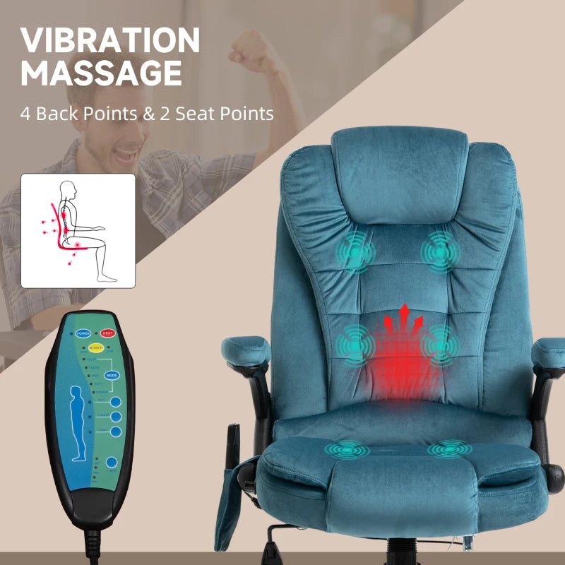 Vinsetto Heated Massage Recliner Chair - 6 Massage Points, Velvet Fabric, 360° Swivel, Blue - Perfect for Office & Relaxation
