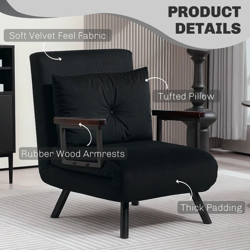 Velvet-Feel Single Chair Bed with Pillow - Stylish Black Design for Comfort and Versatility