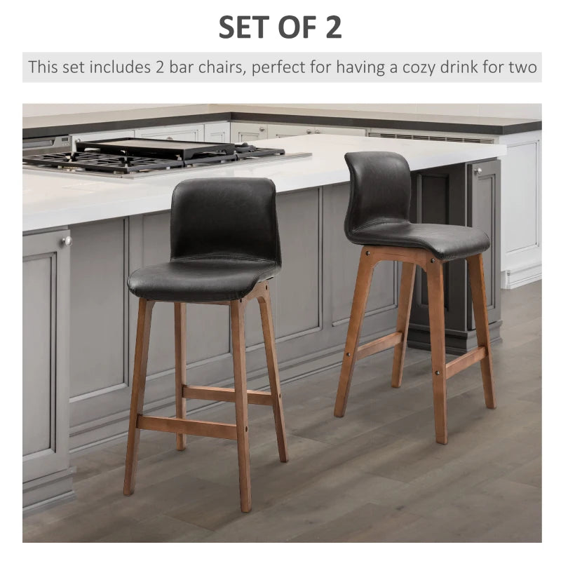 Modern Bar Stools Set of 2 - PU Leather Upholstered Chairs with Wooden Frame & Footrest for Home Bar & Dining Room