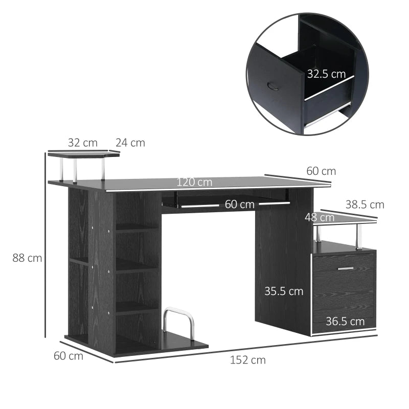 Modern Black Computer Desk with Drawer & Shelves - PC Workstation & CPU Storage Rack for Home Office - 152x60x88cm