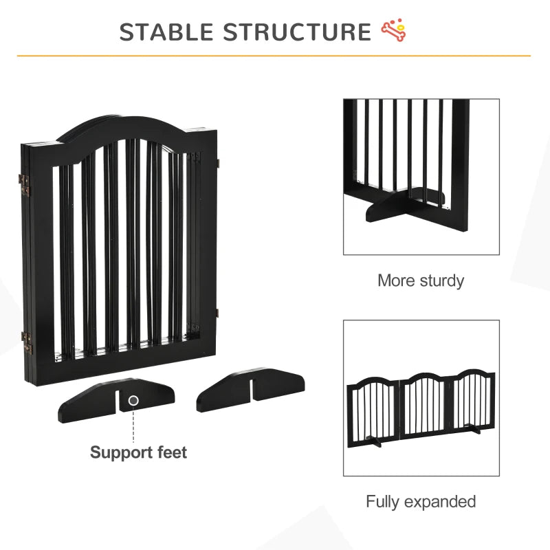 Freestanding Wooden Pet Gate - Foldable Dog Safety Barrier with Support Feet for Doorways & Stairs - Black