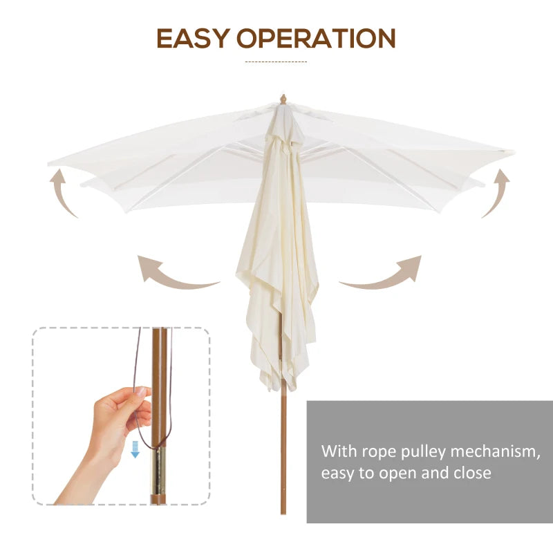 Wooden Garden Parasol Umbrella - Cream White, 2 x 3m