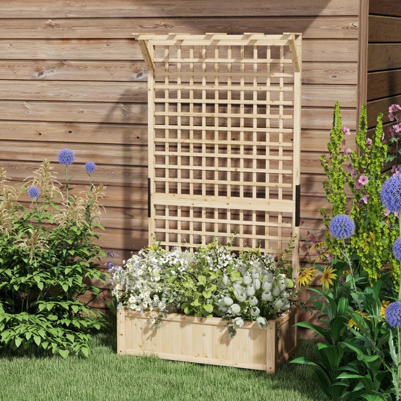 Wooden Raised Garden Bed with Trellis for Climbing Plants and Vegetables Natural Planter with Drainage Holes
