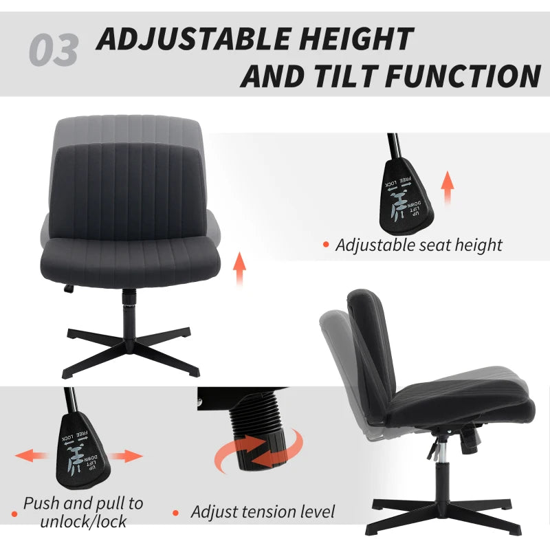 Armless Office Chair with Criss Cross Legs Linen Fabric Wide Seat Thick Padding Adjustable Swivel Desk Chair for Home Black