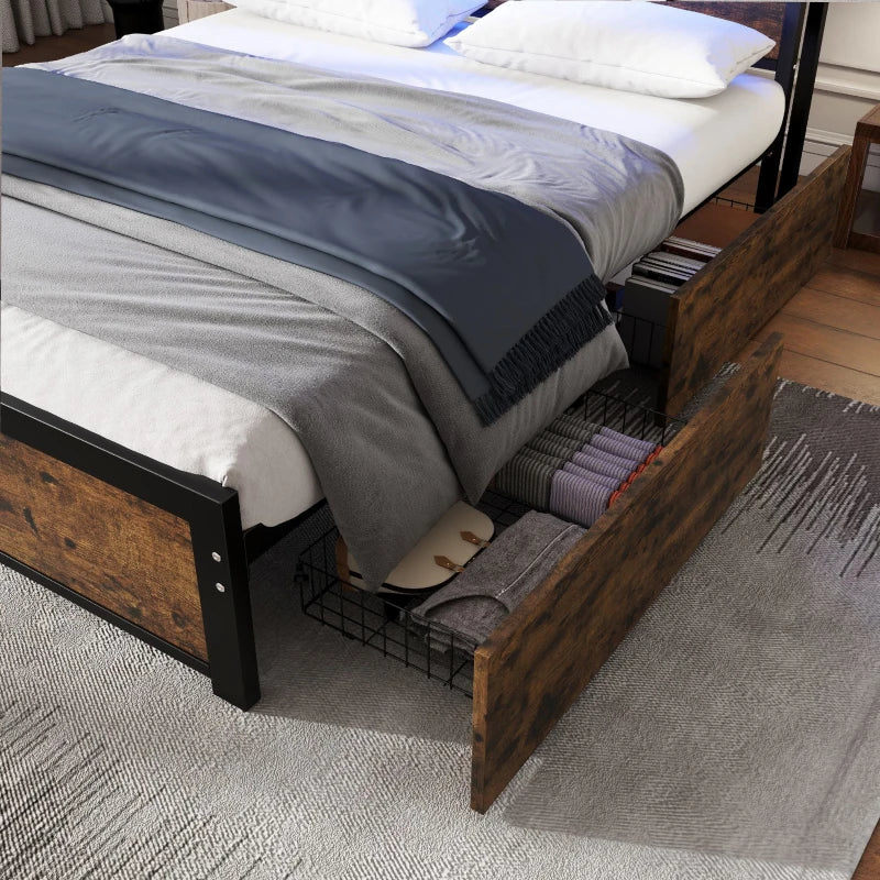 Metal Double Bed with LED Light Strip, USB Ports & 2 Drawers - Sturdy Iron Frame, Black, 207x135.5x83.5 cm
