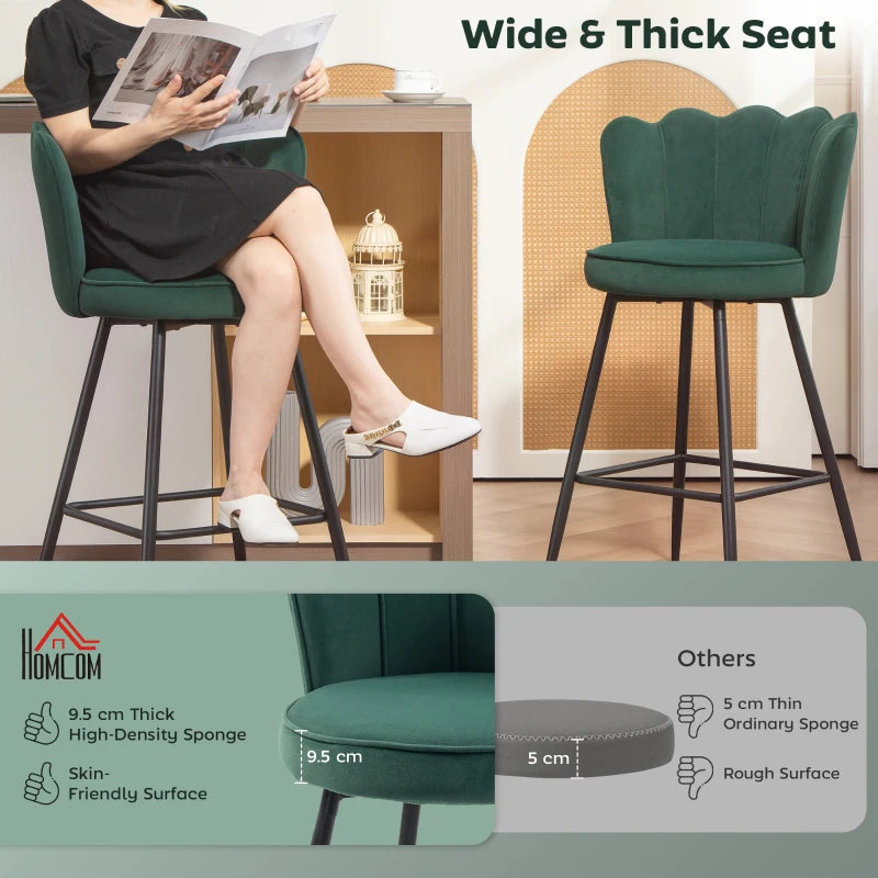 Set of 2 Dark Green Velvet Lotus Bar Stools - Stylish, Comfortable Seating for Kitchen or Home Bar