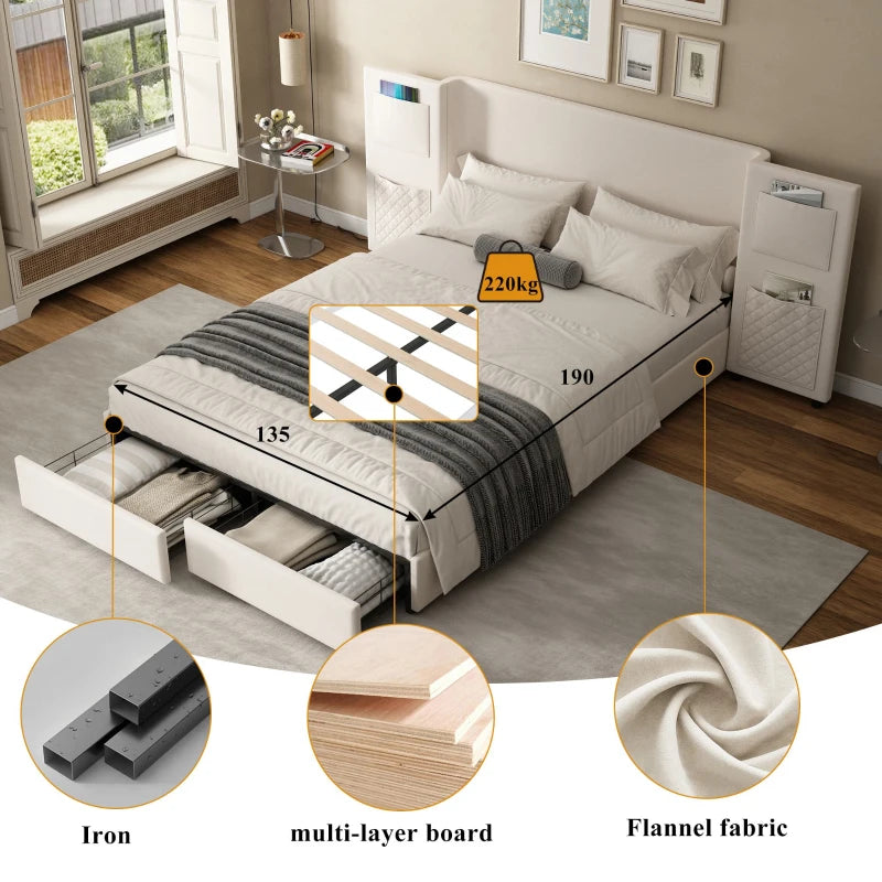 Beige Upholstered Double Bed Frame with Storage Drawers & Headboard Pockets - Velvet & Plywood, 229L x 222.5W x 87.5H cm