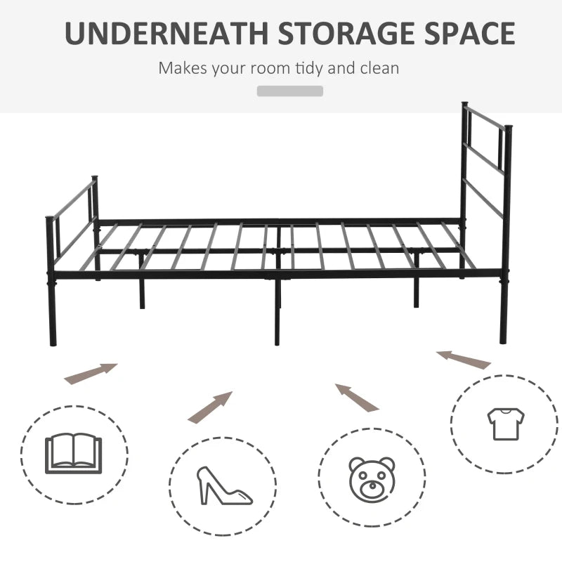 King Metal Bed Frame with Headboard & Footboard - Solid Slat Support, Underbed Storage, Stylish Black Bedroom Furniture