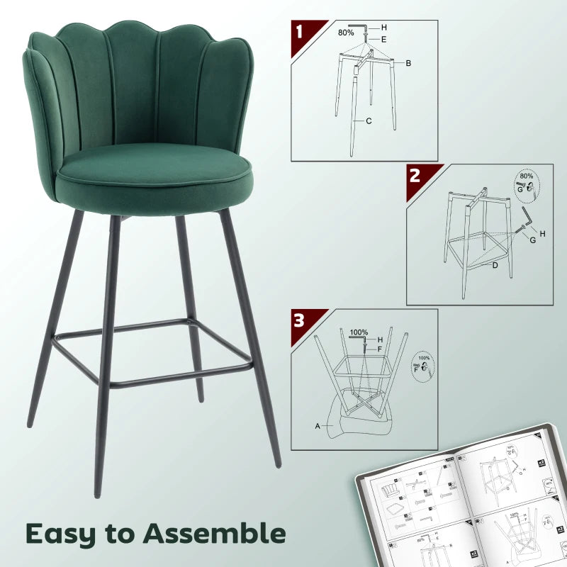 Set of 2 Dark Green Velvet Lotus Bar Stools - Stylish, Comfortable Seating for Kitchen or Home Bar