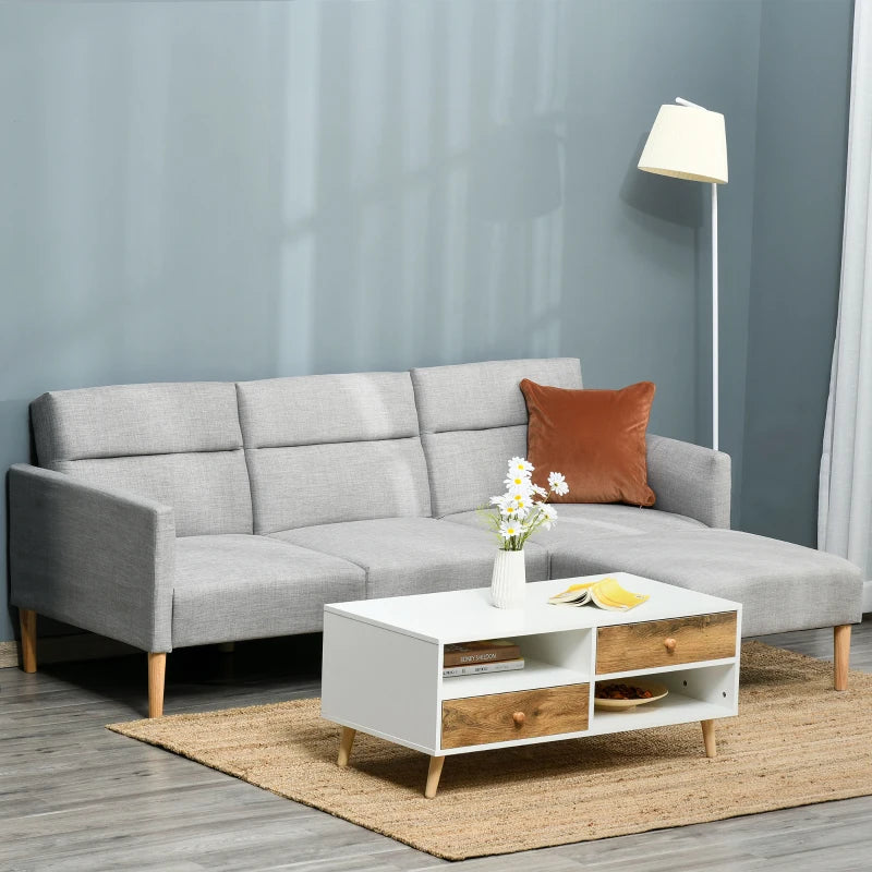 Linen Fabric L-Shaped Sofa Bed with Footstool and Rubber Wood Legs in Light Grey