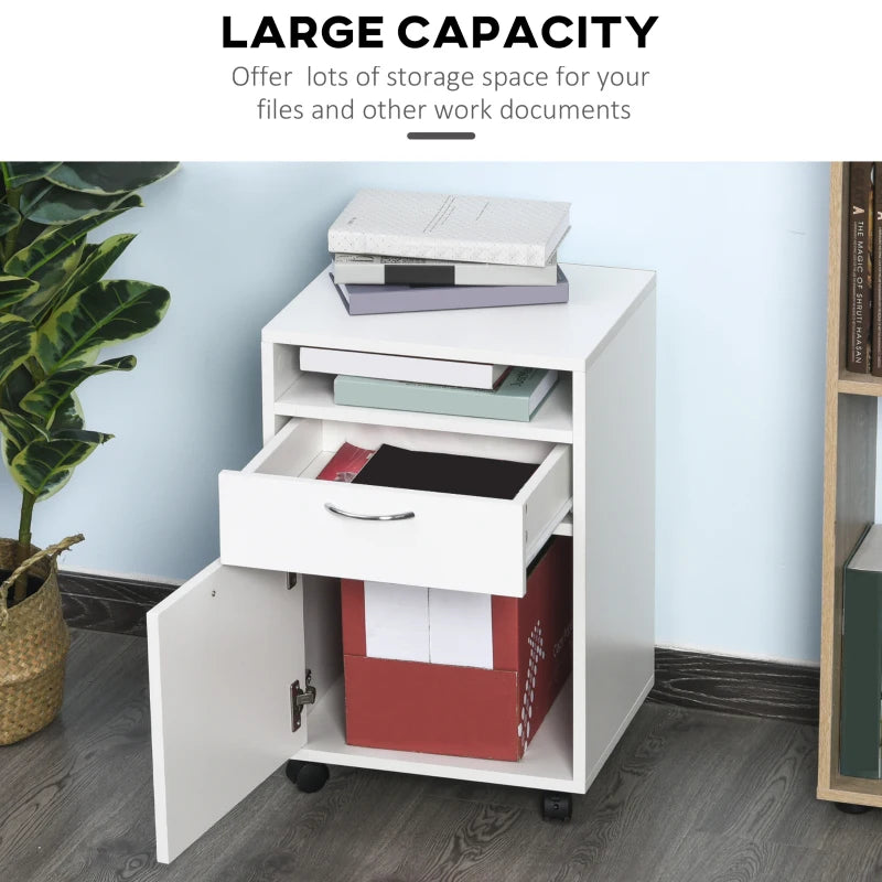 60cm Mobile Filing Cabinet with Drawer & Open Shelf, 4 Wheels, Metal Handles - White Office Home Organizer for Printers