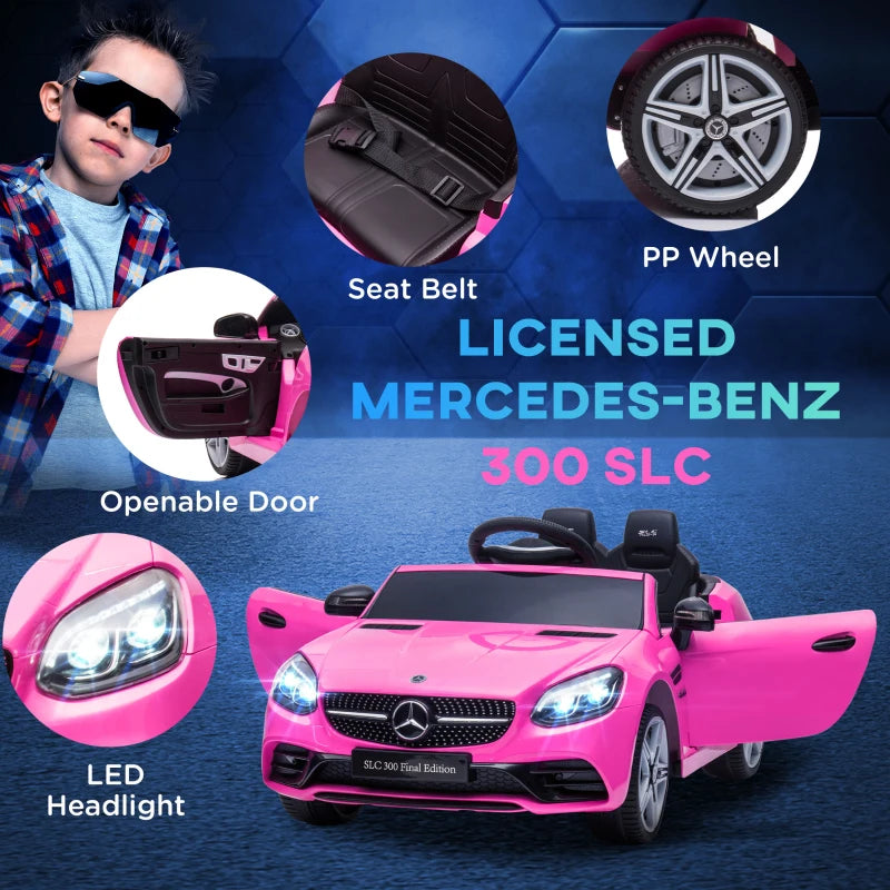 Benz SLC 300 Licensed 12V Kids Electric Ride On Car - Pink, Music, Remote Control, LED Headlights & Horn