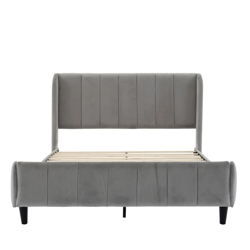 Double Upholstered Bed with Soft Backrest - Vertical Stripe Design, Metal Frame, Gray - 202L x 149W x 103H cm