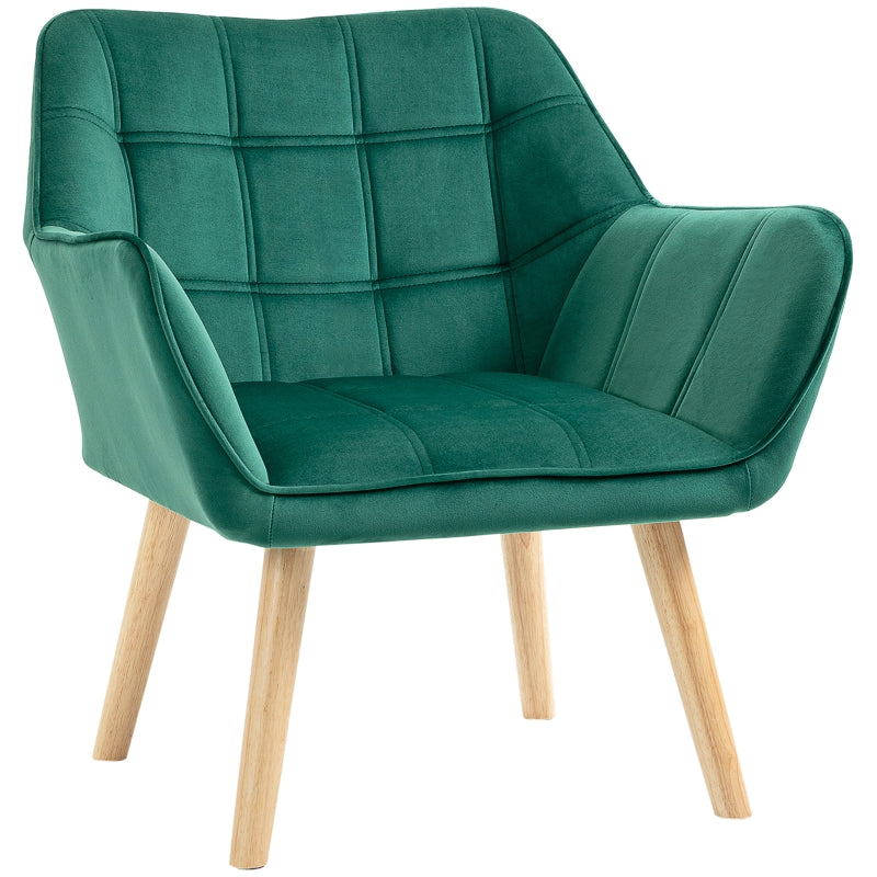 Stylish Green Accent Chair with Wide Arms, Slanted Back, Thick Padding and Rubber Wood Legs for Living Room
