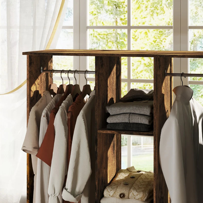 Rustic Brown Double Mobile Open Wardrobe with 6 Wheels and Storage Shelves Organizer