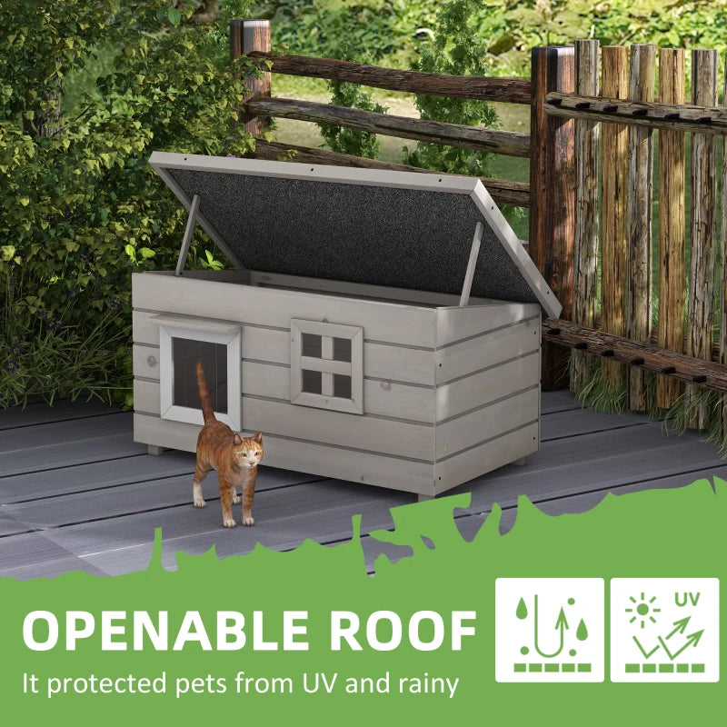 Wooden Elevated Outdoor Cat House with Openable Top Asphalt Roof and Window Grey