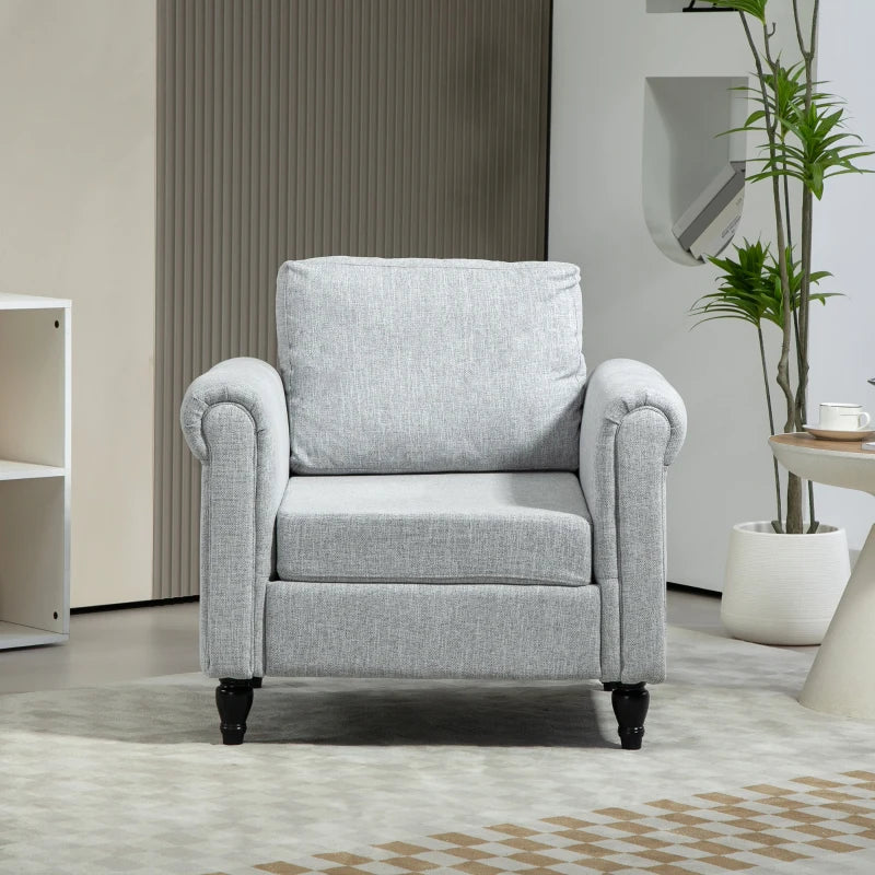 Vintage Upholstered Accent Chair with Back Pillow and Rolled Arms, Light Grey, Rubber Wood Legs