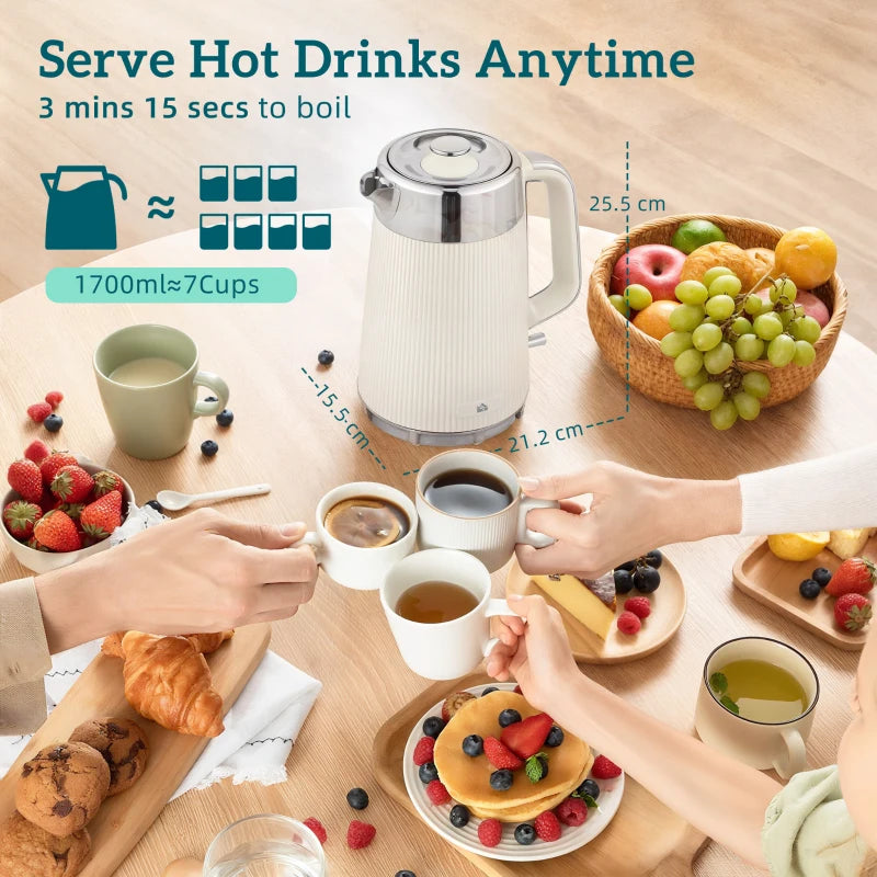 Electric Stainless Steel Kettle & Toaster Set - 3000W Fast Boil, 1.7L, UK Strix Thermostat, 4 Slice, Cream Finish