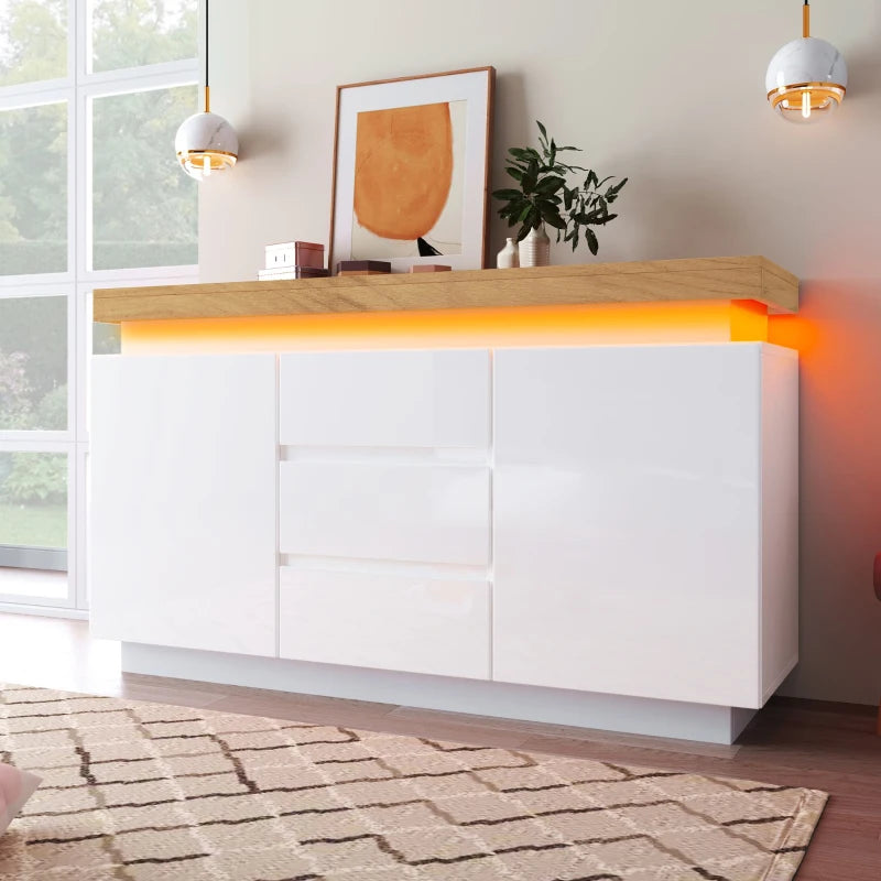 High-Gloss White Chest of Drawers with LED Lighting - 2 Doors & 3 Drawers Sideboard Cabinet, 140x39x81 cm