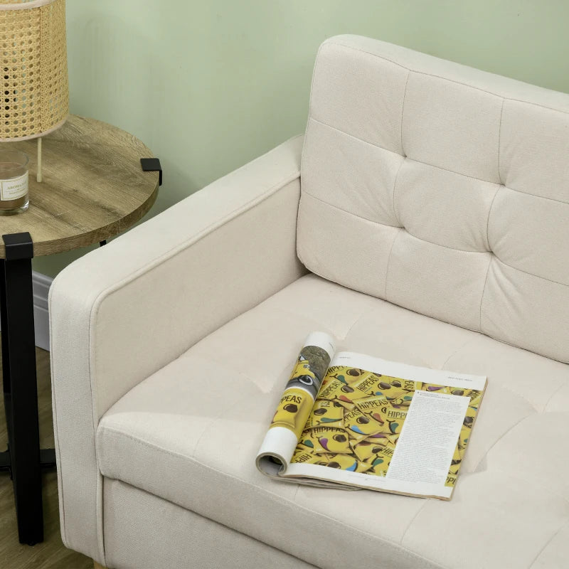 Compact Modern Loveseat Sofa with Hidden Storage, 117cm Tufted Cotton Couch, Cream White, Ideal for Small Spaces