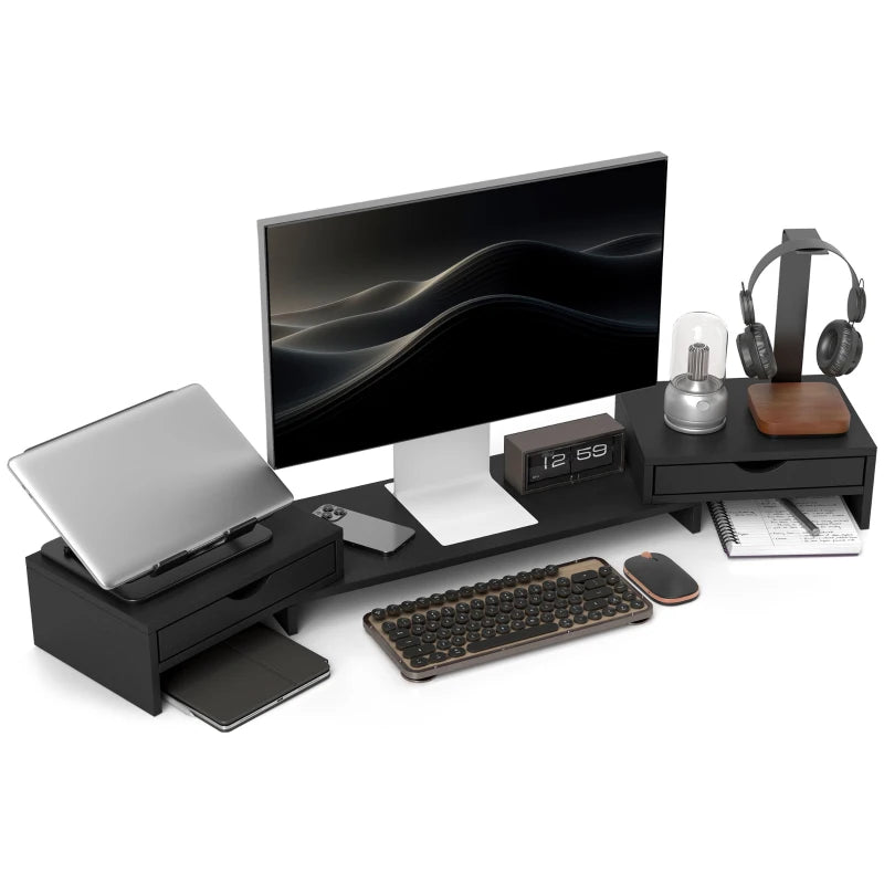 Dual Monitor Stand Riser with 2 Drawers - Adjustable Length & Angle, 116cm for Laptop, PC, Printer - Black