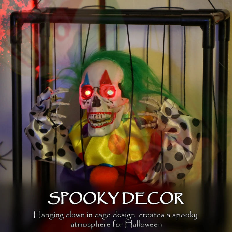 Spooky Animated Clown in Cage with LED Eyes - Scary Halloween Decoration, Battery Operated Indoor Party Prop
