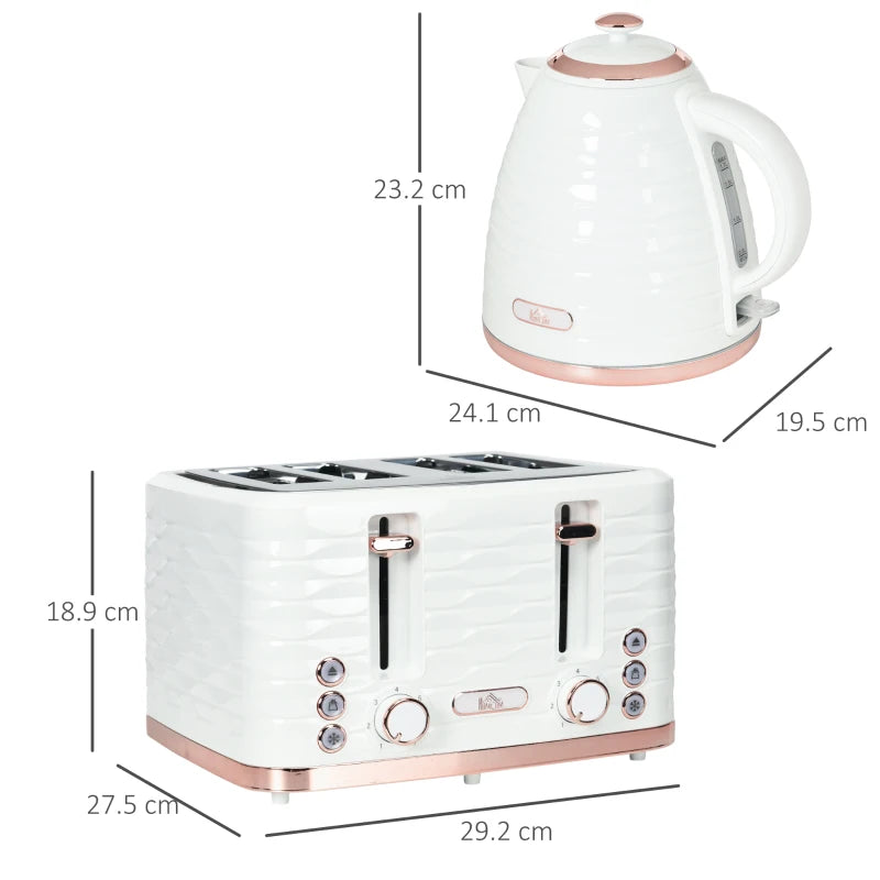 Cream White Kettle and Toaster Set - 3000W Rapid Boil 1.7L Kettle & 4 Slice Toaster with 7 Browning Controls
