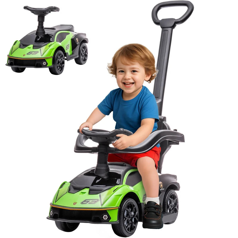 Kids 2-in-1 Lamborghini Ride-On Stroller with Horn - Green, Fun and Safe Outdoor Toy for Toddlers
