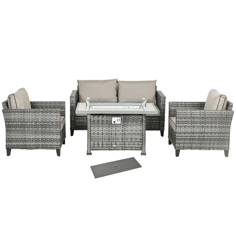 5-Piece Grey Rattan Patio Furniture Set with Gas Fire Pit