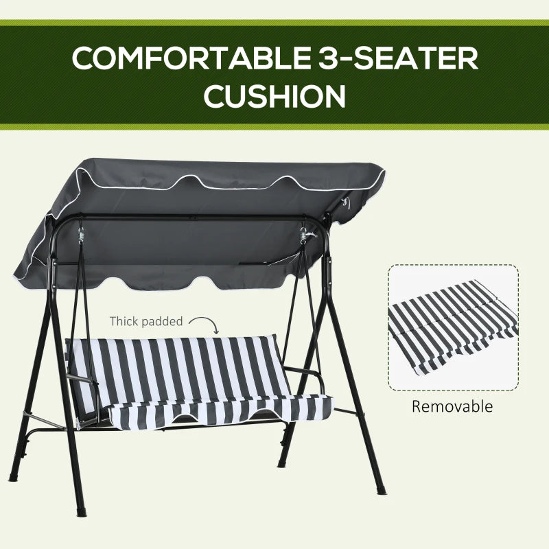 Grey Striped 3-Seater Garden Swing Hammock with Adjustable Canopy