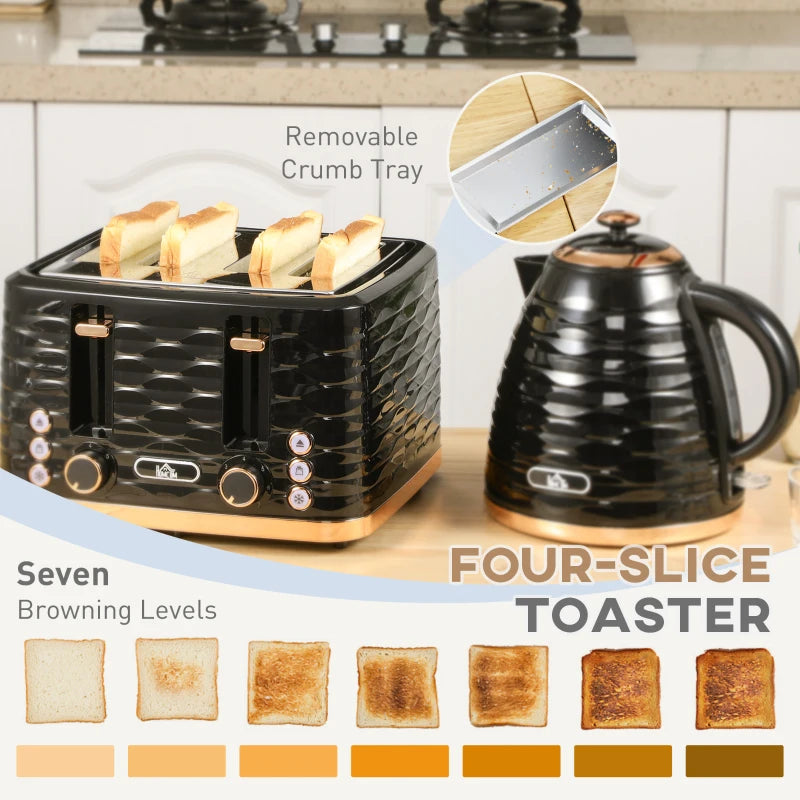 Premium 3000W Kettle & Toaster Set - 1.7L Rapid Boil, 4 Slice, 7 Browning Controls, UK Otter Thermostat, Black