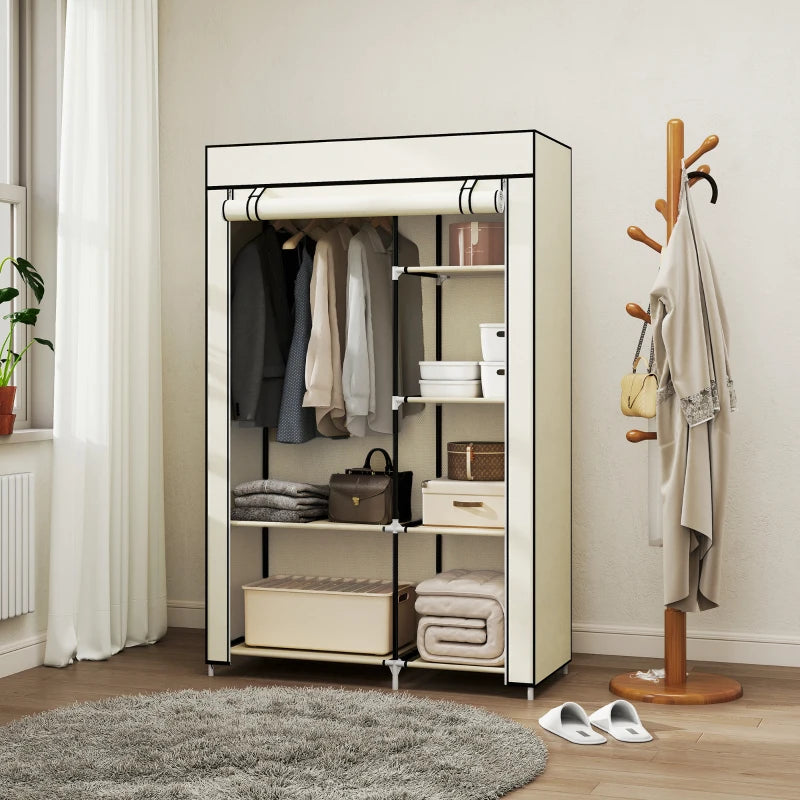 Portable Fabric Wardrobe with 6 Shelves and Hanging Rail Cream White 103x43x162.5 cm