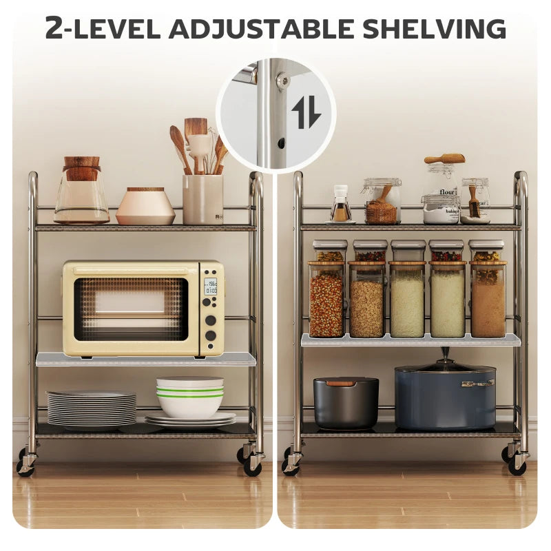 3 Tier Stainless Steel Kitchen Storage Trolley with Adjustable Shelf - Versatile Silver Cart for Organizing Kitchen Essentials