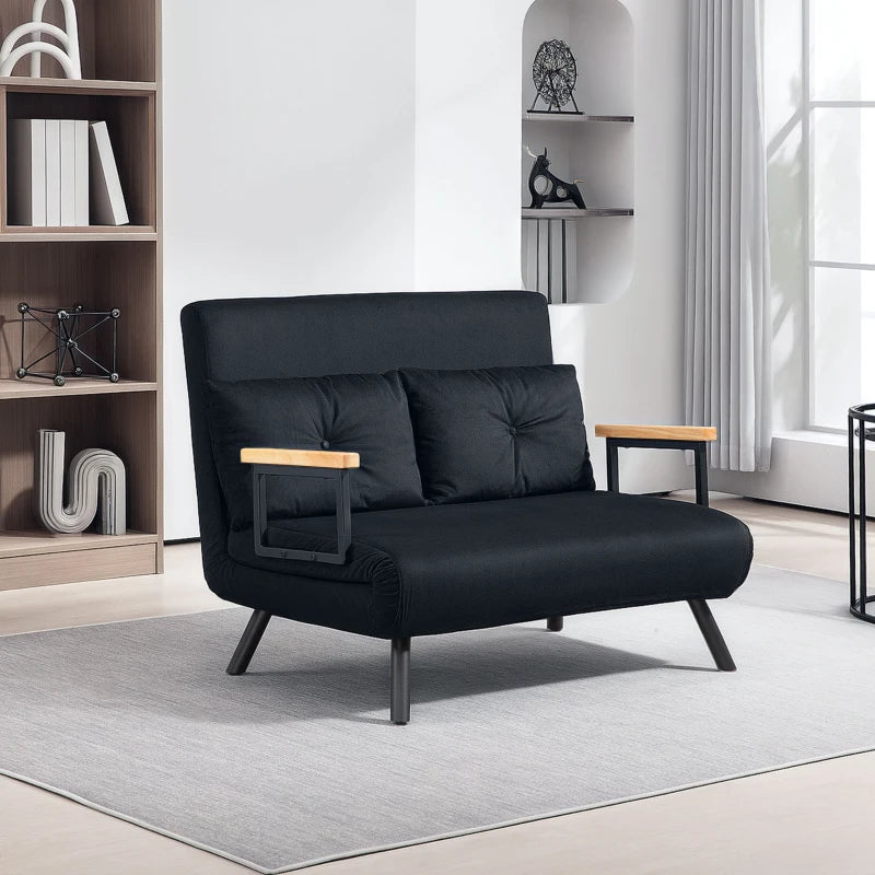 Velvet-Feel Double Sofa Bed with Pillows in Black - Versatile 4-in-1 Design for Comfort and Style