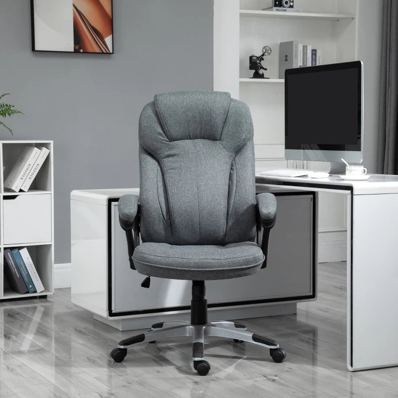Vinsetto Grey Linen Fabric Office Chair - Height Adjustable Desk Chair with Padded Armrests, Swivel Wheels & Tilt Function