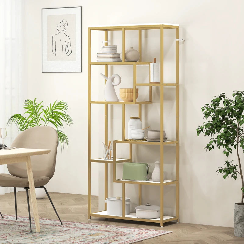Unique Seven-Tier Geometric Bookcase in White and Gold Tone - Stylish Storage Solution for Modern Home Decor
